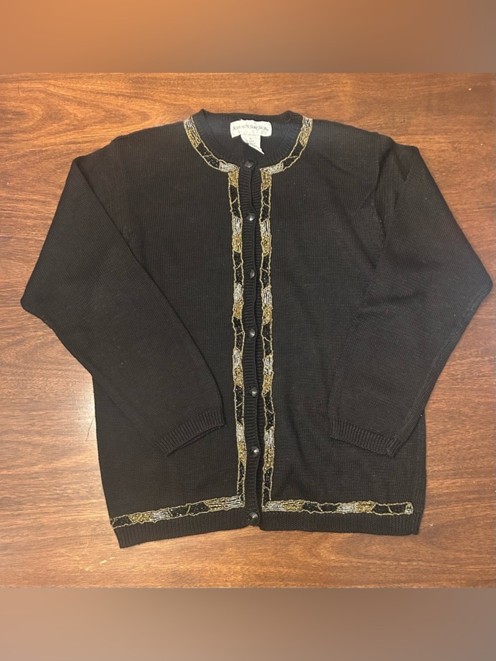 Norton McNaughton Black Cardigan with Gold & Silver Trim